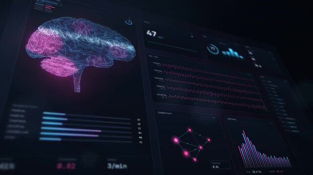 Brain activity monitoring interface with glowing wireframe brain and neural waveform data