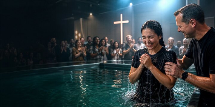 Woman smiling during baptism by immersion in modern church pool while pastor supports her and congregation claps with glowing cross behind.