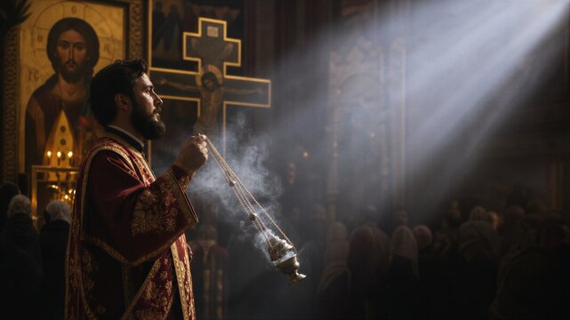 Priest swinging censer with incense smoke during orthodox divine liturgy in church. Bearded man in vestments praying near icon of Christ and cross.