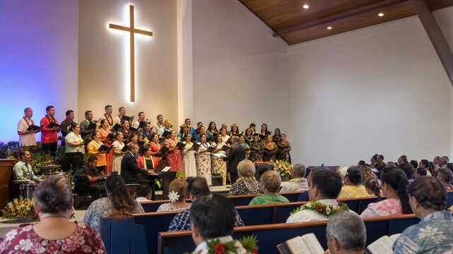 Pacific islander choir singing during church worship service with cross and musicians on stage. Congregation praying with bibles in pews.