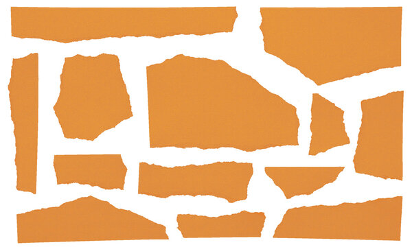Set of torn orange paper scraps and ripped paper strips isolated on transparent background collage design elements