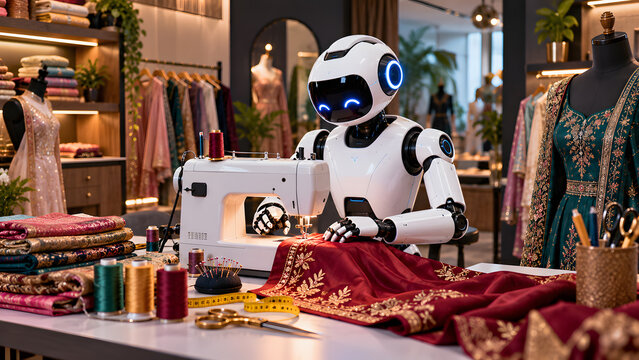 Humanoid Robot Sewing Traditional Dress in a Fashion Boutique