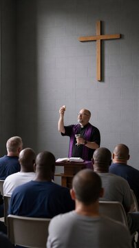 Prison chaplain holding bread and chalice during communion service for inmates. Priest celebrating eucharist with bible and cross in prison chapel.