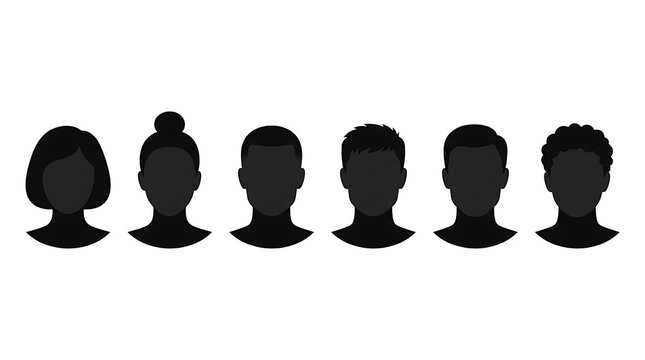 Set of anonymous male and female head profile silhouettes with different hairstyles