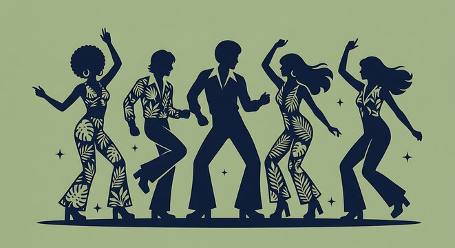 Retro 70s disco dancers silhouette in vintage floral print outfits dancing at party