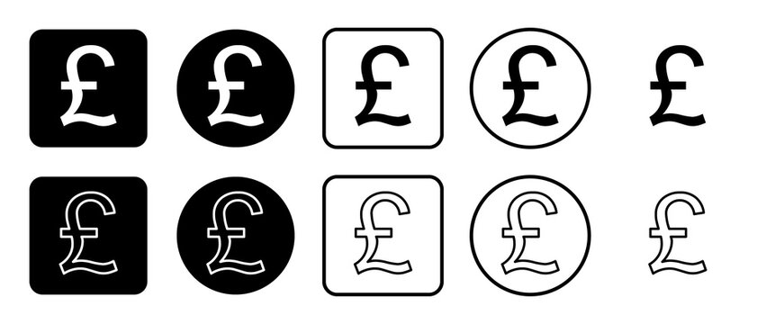 Icon set of pound symbol. Filled, outline, black and white icons set, flat style.  Illustration on transparent background