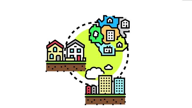 Land development master plan visualizing urban areas and residential districts evolving from basic housing to complex city structures, outlining growth planning and architectural design concepts