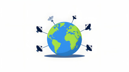 Naklejka premium Global satellite communication network with dish antennas around planet earth flat vector illustration isolated on white background
