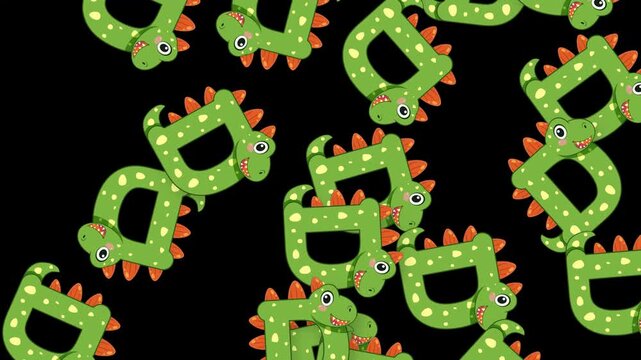 Cartoon Green Dinosaur Letter D Objects Falling on Black Background