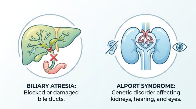 Medical educational illustration showing biliary atresia liver condition and alport syndrome genetic kidney disorder