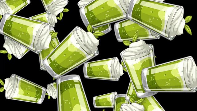 Falling Green Matcha Tea Smoothies with Whipped Cream on Black Background