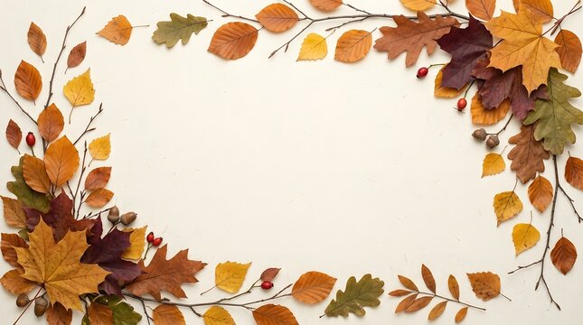 Autumn leaves and branches forming a frame for thanksgiving day with a white background