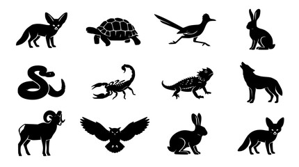Obraz premium Desert Wildlife Icons Set, Featuring Coyote, Snake, Scorpion, Lizard, Rabbit, and Ram Silhouettes