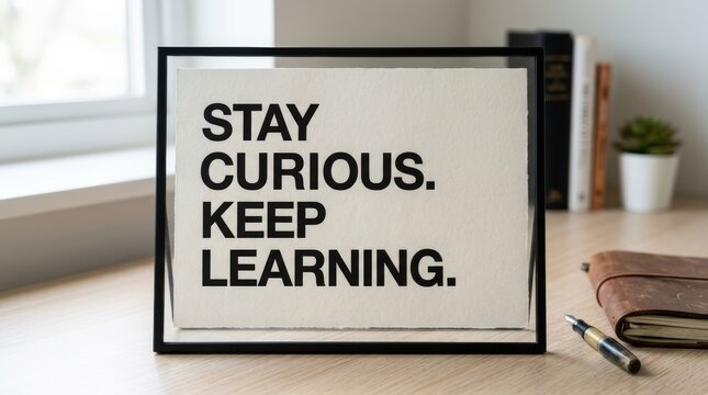 Motivational sign with stay curious keep learning text on a desk