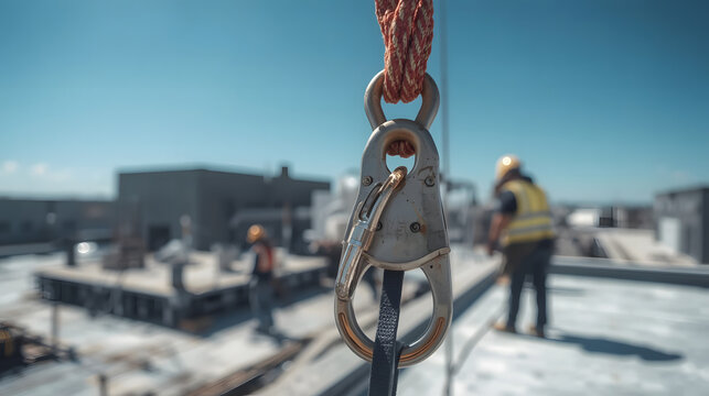 Construction Site Safety Equipment: A close-up shot of a carabiner and rope, essential safety gear in construction, with workers in the background on a sunny day.