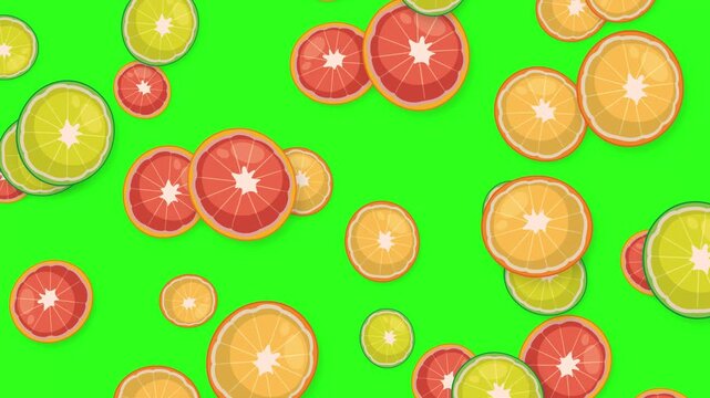 Animated Slices of Citrus Fruit Falling Against a Green Screen Background