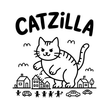 Catzilla Giant Cat Over City Doodle