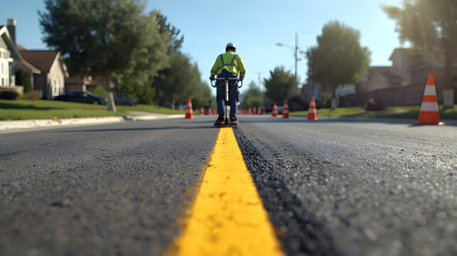 Roadwork Ahead: A lone cyclist navigates a street marked with fresh yellow lines and traffic cones, signaling ongoing road construction.