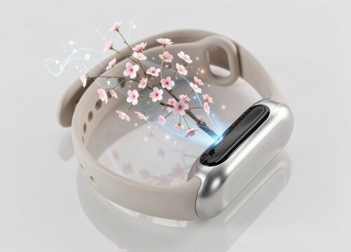 Modern Fitness Tracker with Cherry Blossoms and Digital Connectivity