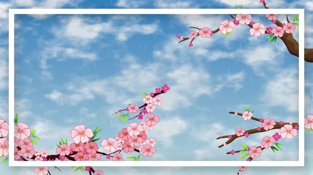 Animated Cherry Blossom Branches with Drifting Clouds and Rain Background Loop