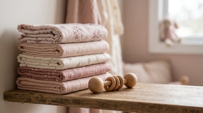 Stack of soft muslin baby swaddles with wooden rattle on a wooden shelf in a nursery room