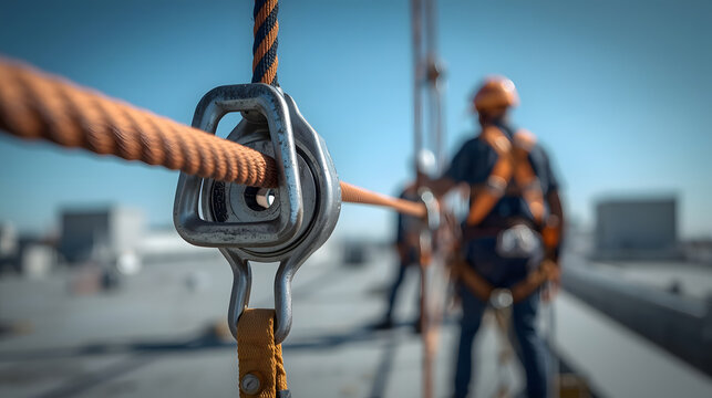 Height Safety Equipment in Action: A close-up shot highlights a robust cable and pulley system, with workers in the background utilizing safety harnesses to ensure secure movement at elevated heights.