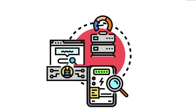 Language model computing power usage concept showing data centers, a browser window with search input, a circuit board, and an energy meter with a magnifying glass