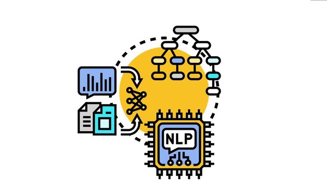 Digital exploring language translation, natural language processing, and ai technology, showing data flow from speech and documents through a neural network to processing units