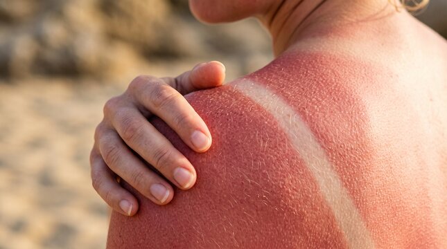 Red painful sunburned skin on female shoulder showing a clear tan line from ultraviolet ray exposure during a bright sunny summer day at the beach