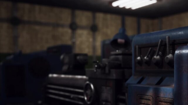 The scene shows a workshop with factory machinery and tools. Equipment is set in a work area. The lighting is bright. The walls are painted in dark colors.