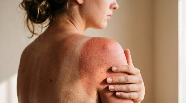 Sunburned shoulder skin showing painful redness, peeling texture, and irritation on a young woman captured in soft natural lighting from a close up side angle