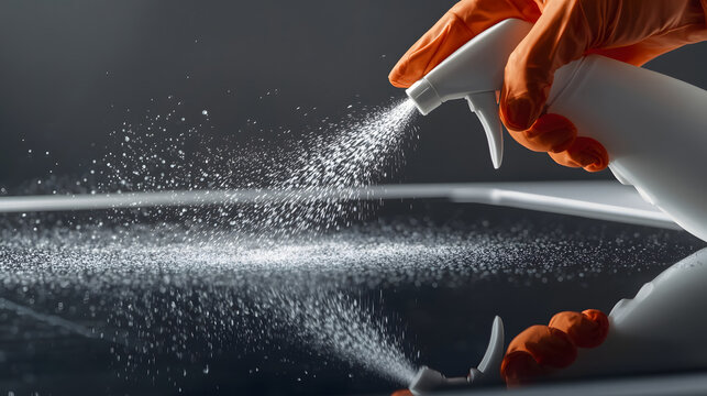 Disinfecting Spray Action: A gloved hand dispenses cleaning spray onto a shiny surface, creating a mist of disinfecting particles in a close-up shot, highlighting the act of sanitization and hygiene.