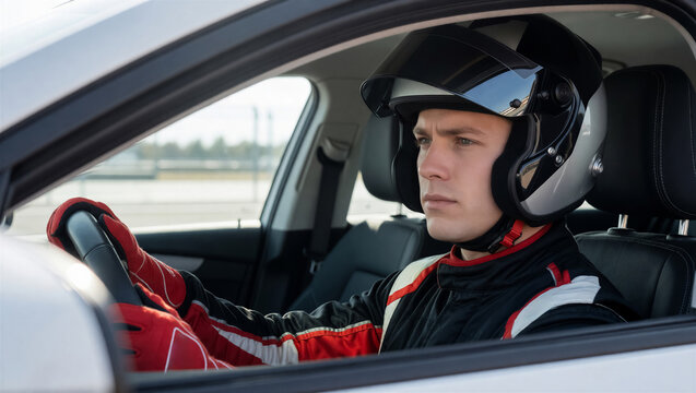 A professional race car driver wearing a helmet sits behind the steering wheel. The focused racer is ready for a high-speed competition on the track