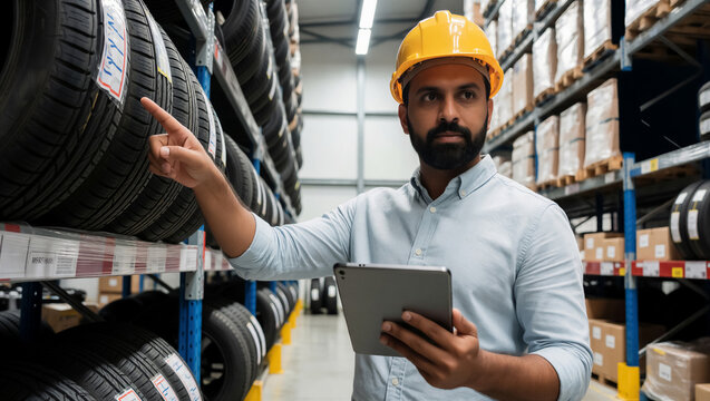 Professional warehouse worker wearing a yellow hard hat uses a digital tablet to manage tire inventory. He points at a rack of car wheel storage in the facility