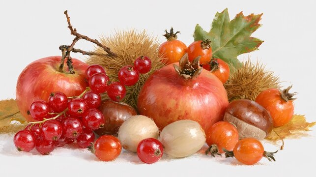 Painterly autumn harvest composition with pomegranate, apple, red currants, rose hips and chestnuts isolated on a clean white background