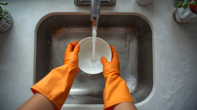 Washing Dishes with Orange Gloves