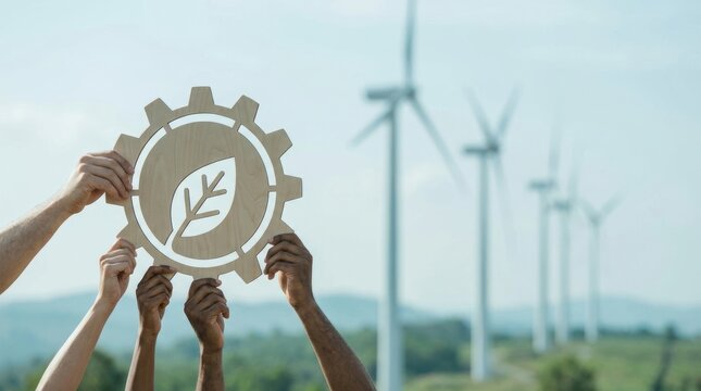 People holding a renewable energy icon at a wind farm for sustainable business concept