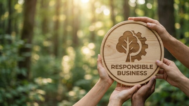 Responsible business concept people holding a large icon in a natural environment
