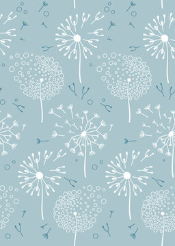 Dandelion seed heads and flying seeds creating a pastel blue seamless pattern