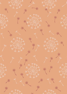 Dandelion seed heads and flying pappus creating a seamless floral pattern on a peach background