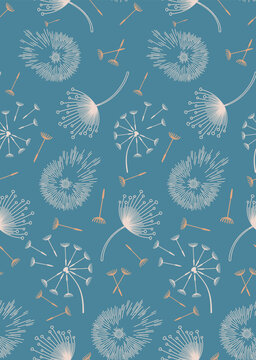 Dandelion seeds dispersing, forming a decorative botanical seamless pattern
