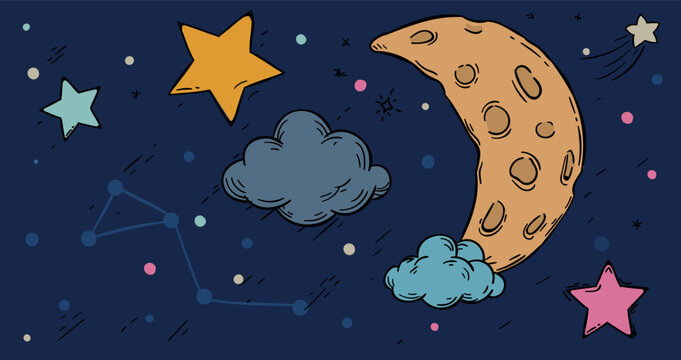 Night sky illustration with a crescent moon, clouds, twinkling stars, and an outlined constellation