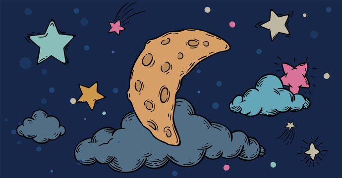 Whimsical cartoon drawing showing moon and stars in dark evening heaven