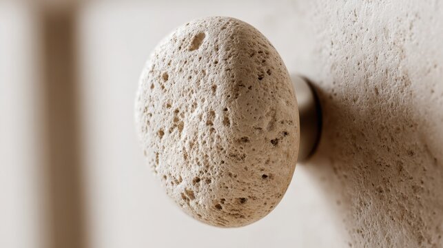 Close up of a handmade cabinet knob carved from natural travertine stone, porous surface, subtle mineral variations, rounded organic shape, soft