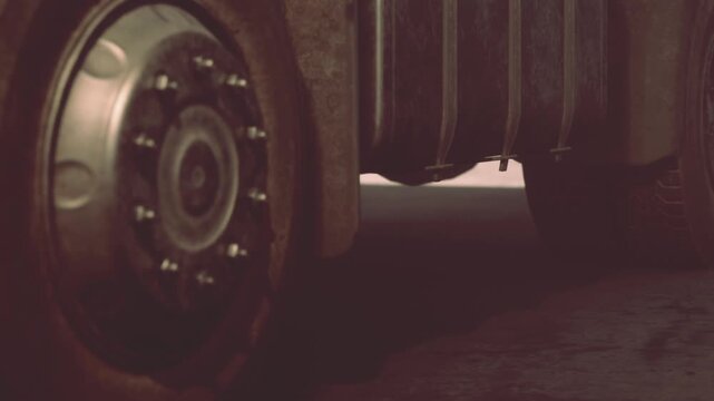 A close view of a truck tire shows its tread pattern and wheel design. The scene takes place on a concrete surface in daylight, highlighting the tires details and surroundings.