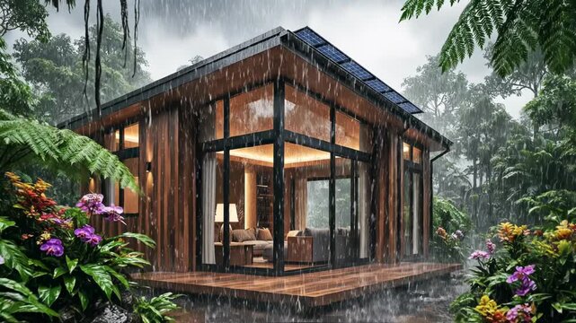 Modern luxury tiny house with wood siding and solar panels situated in a dense tropical jungle during a heavy rainstorm, featuring large glass windows and warm interior lighting.