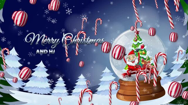 Christmas Snow Globe Animation with Falling Candy and Winter Landscape