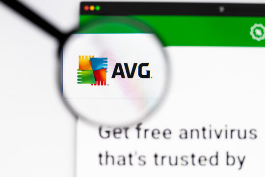 Milan, Italy 2026, 15 AGO Closeup of avg website page on a laptop screen. Focus on avg logo under a magnifying glass.
