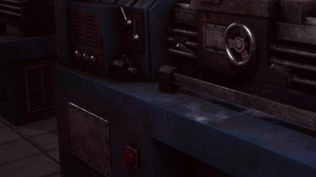 A metal control panel shows buttons and levers in a dimly lit workshop. The equipment suggests active machinery. Tools are nearby, indicating ongoing work.