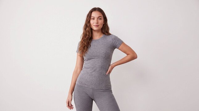 Confident woman posing in gray heather t-shirt and leggings against white studio background